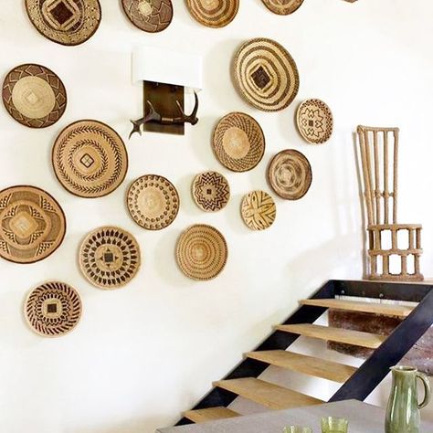 African Baskets Wall, African Interior Design, African Wall Baskets, African Inspired Decor, Basket Wall Art, Basket Wall Decor, Deco Boheme, African Baskets, Interior Deco