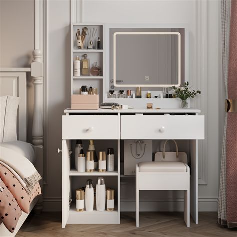 Faster shipping. Better service Desk With Mirror And Lights, White Vanity Table, Vanity Desk With Mirror, Desk With Mirror, White Makeup Vanity, Mirrored Vanity Desk, Stable Design, Makeup Vanity Set, Vanity Mirror With Lights