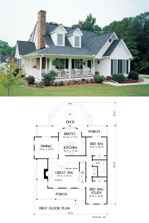 4-Bedroom Two-Story The MacLeish Country Home with L-Shaped Wrap Around Porch (Floor Plan) Porch Floor Plan, Colonial Cottage, Porch Floor, Gambrel Roof, Mansion Floor Plan, Wooden Dining Set, Round Dining Set, European Farmhouse, Dormer Windows