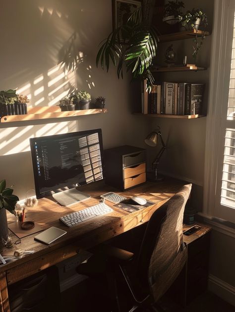 20 Aesthetic Work Desk Ideas to Create Your Perfect Workspace Ikea Fjallbo Desk, Desk Ideas Dark Academia, Cozy Minimal Desk Setup, Electric Desk Setup, Desk Setup School, Dark Wood Desk Setup, Dark Academia Workspace, Cozy Desk Setup For Small Spaces, Photographer Desk Setup