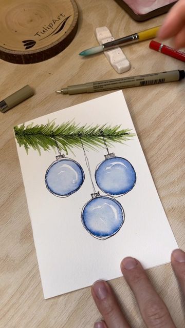 Watercolor Christmas Cards Diy, Easy Christmas Drawings, Christmas Card Tutorials, Painted Christmas Cards, Ornament Drawing, Christmas Arts And Crafts, Christmas Card Art, Watercolor Projects, Homemade Christmas Cards