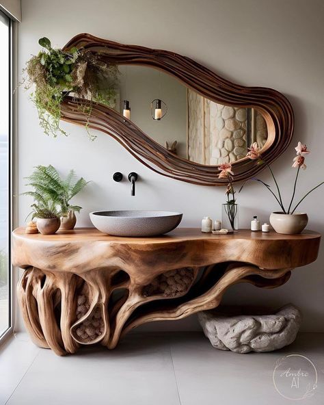 The rustic charm of this bathroom design is gorgeous! Organic wood elements always add warmth and natural beauty to a space like… | Instagram Remodels, Wabi Sabi Furniture, Desain Furnitur Modern, Kitchen Patio, Organic Wood, Patio Decorating, Shower Remodel, Dream House Interior, Dream House Decor