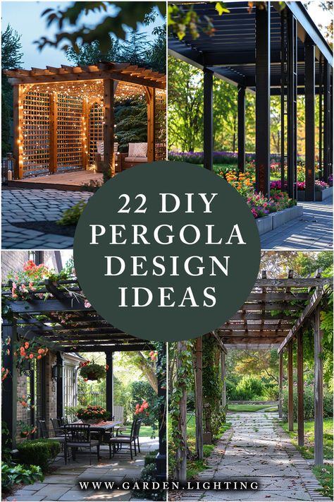 a collage of photos of pergola designs and patio lighting Pergola Outside Bedroom, Pagola Ideas Pergolas Outdoor Spaces, Corner Garden Gazebo Ideas, Outdoor Seating Area Pergola, Pergolas, Outdoor Pergola Roof Ideas, Outdoor Patio With Pergola Ideas, Patio Designs And Ideas Layout Pergolas, Garden Pagoda Ideas Pergolas Patio