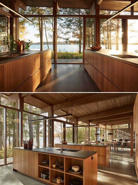 Wood Cabin Kitchen, Cooking Island Kitchen, Wood Kitchen Modern, Kitchen With Two Islands, Kitchens With Two Islands, Double Islands, Kitchen Island Design, Island Design, Dining Table Design