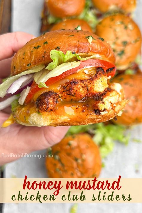 Honey Mustard BLT Chicken Sliders Honey Mustard Blt Sliders, Grilled Chicken Sliders Recipes, Honey Mustard Dinner Recipe, Chicken Slider Sandwiches, Honey Mustard Chicken Blt Sliders, Chicken Blt Sliders, Marry Me Chicken Sliders, Bar Food Recipes Restaurant, Chicken Thigh Sliders