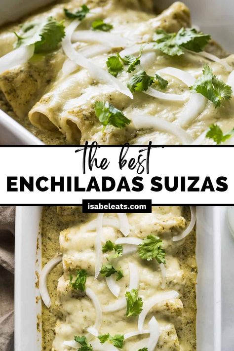 Enchiladas suizas are a popular Mexican dish made with corn tortillas stuffed with shredded chicken, covered in a creamy green sauce made with Mexican crema, and topped with lots of cheese! Crema Mexicana Recipe, Chicken Enchiladas Suiza, Enchiladas Suizas Recipe, Creamy Green Sauce, Isabel Eats, Chicken Lickin, Enchiladas Suizas, Homemade Salsa Verde, Best Enchiladas