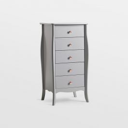 The elegantly narrow design of this grey chest of drawers deftly incorporates ornate flourishes into its minimalistic Nordic style to deliver a practical but stylish solution to your storage needs.Maximum storage, minimum floor spaceEach of the five stacked drawers (15.5 X 31 X 25cm Height X Length X Depth) provides plenty of space for storage in a narrow column formation, reducing the amount of floor space this chest requires.Better still, the smooth-gliding metal runners used to house the draw Narrow Chest Of Drawers, Grey Chest Of Drawers, Grey Drawers, Walnut Furniture, Living/dining Room, Storage Stool, Hallway Storage, Grey Furniture, Living Room Bookcase