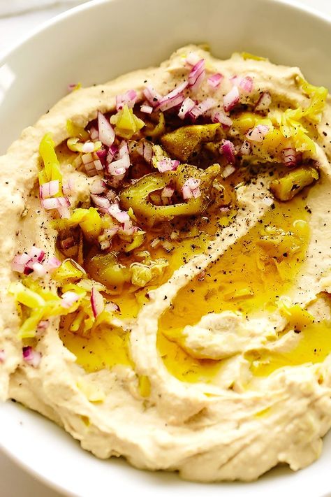 Pepperoncini Hummus Crusty French Bread, Spicy Hummus, Hummus Recipe Homemade, Pepperocini Recipes, French Bread, Sleep Deprivation, Mediterranean Recipes, Chickpeas, Tahini