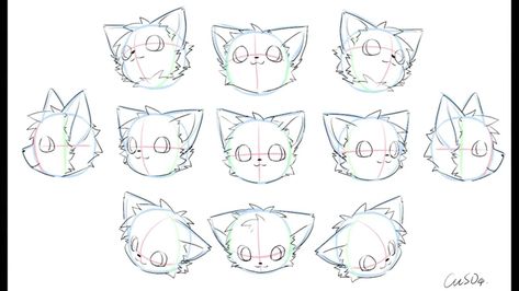 Cat Head Angles Reference, Kemono Art Tutorial, How To Draw Kemono, How To Draw Fursona, Chibi Cat Base, How To Draw Cat Ears, Cat Head Reference, Cat Fursona Ref Sheet, How To Draw Cats Step By Step