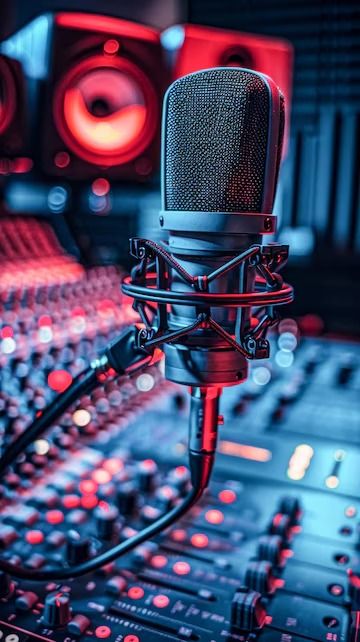 Premium Photo | Recording Studio Setup With Microphone and Sound Board Generative AI Podcast Studio Interior Design, Studio Mic, Music Production Studio, Recording Studio Background, Studio Microphone Aesthetic, Radio Studio, Hair Poster Design, Recording Microphone Singing, Hair Poster