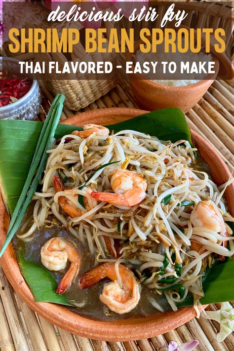 A clay dish with stir-fried shrimp and bean sprouts. Stir Fry Bean Sprouts, Jungle Curry, Easy Grilled Shrimp Recipes, Thai Seafood, Bean Sprout Recipes, Healthy Stir Fry, Salmon And Shrimp, Chinese Cooking Recipes, Healthy Weeknight Dinners