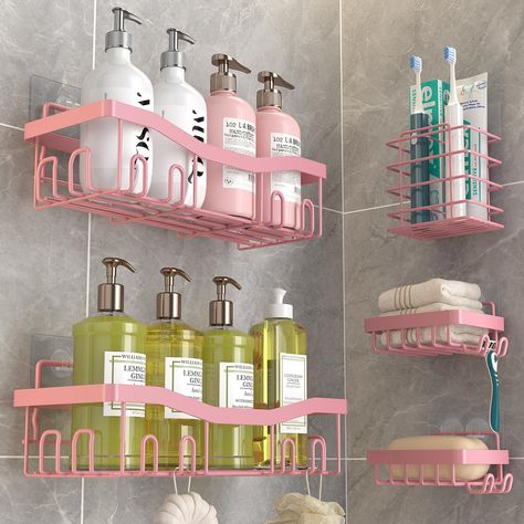 PRICES MAY VARY. 【5 Packs Shower Organizers Set】:Youvip bathroom shower shelves set include 2 shower caddies、2 soap holders、1 toothbrush holder and 5 adhesives.This bathroom organizer set can easily hold bath items such as shampoo, toothpaste, loofahs, and razors.Shower rack suitable for bathroom, kitchen, tool room, etc. 【Rustproof Durable Shower Shelves】:Youvip shower caddies made of high-quality stainless steel, waterproof, rust-proof, scratch-resistant and can be used for a long time.. The T Best Shower Caddy, Barbie Bathroom Ideas, Dorm Shower Ideas, College Apartment Bathroom Decor, Shower Organization Ideas, Rust Bathroom, Bathroom Shower Shelves, Dorm Bathroom Decor, Girly Bathroom Decor