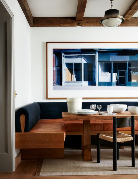 See more of Studio Giancarlo Valle's "Watch Hill Project" on 1stdibs Banquette With Shelving Above, Banquette Seating Dining Room, Leather Banquette Seating, Modern Banquette, Giancarlo Valle, Seating In Kitchen, Extension Inspiration, Dining Room Banquette, Leather Banquette