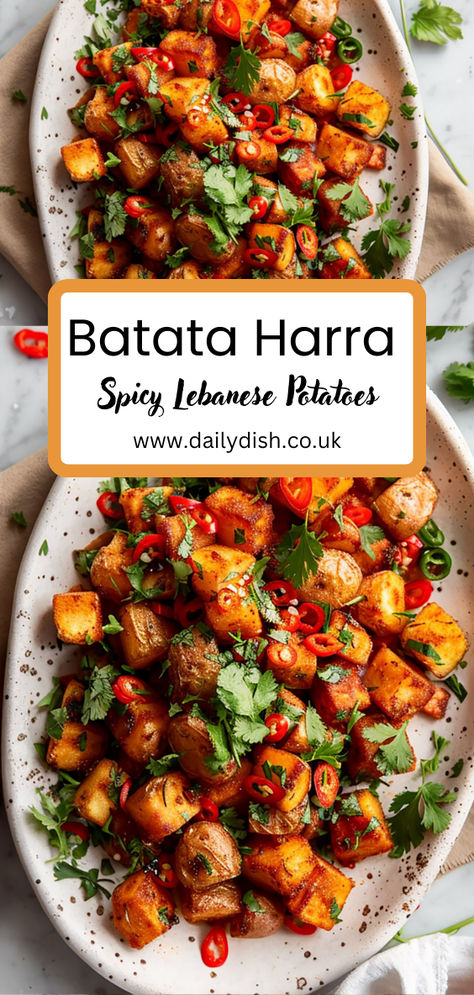 Batata Harra - Spicy Lebanese Potatoes Lebanese Roasted Vegetables, Lebanese Side Dish Recipes, Middle Eastern Potato Recipes, Lebanese Spicy Potatoes, Lebanese Vegetable Recipes, Batata Harra Recipe, Thai Potatoes, Lebanese Vegetarian Recipes, Turkish Side Dishes