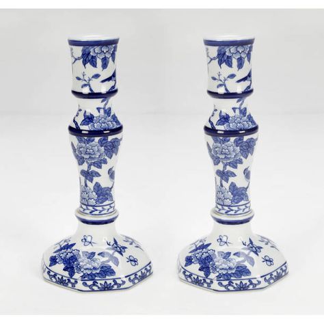 Charlton Home® Floral Small Porcelain Candlestick & Reviews | Wayfair Glade Candles, Black Candelabra, Blue And White Background, Christmas Elegant, China Closet, Footed Cake Plate, Blue Candle, Porcelain Candle, Floral Candle