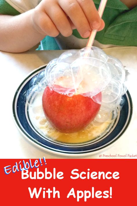 Edible Bubble Science With Apples! Perfect for toddlers, preschoolers, and older kids!  Complete with instructions & science explanations!! at Preschool Powol Packets Bubble Science Experiment, Bubble Science, Apple Science Experiments, Magic Milk, Preschool Apple Theme, Fall Science, Apple Lessons, Science For Toddlers, Kitchen Science