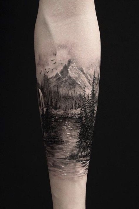 Tattoo Forest Arm, Landscape Tattoo Ideas, Mountain Scene Tattoo, Natur Tattoo Arm, Scene Tattoo, Nature Tattoo Sleeve, Marvel Tattoos, Landscape Tattoo, Forest Tattoos