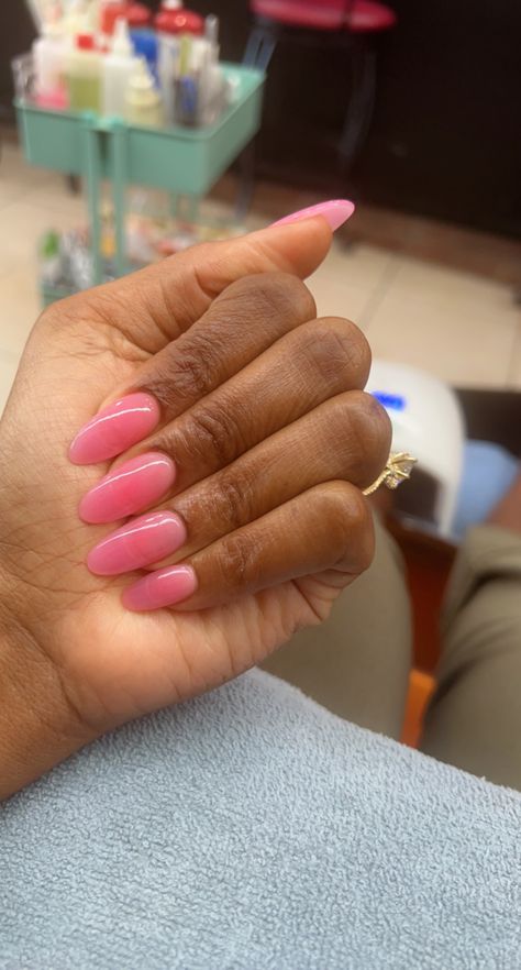 Oval Nails Solid Color, Bubblegum Pink Almond Nails, Round Long Nails, Jelly Pink Nails, Long Round Nails, Pink Oval Nails, Round Shaped Nails, Overlay Nails, Acrylic Overlay