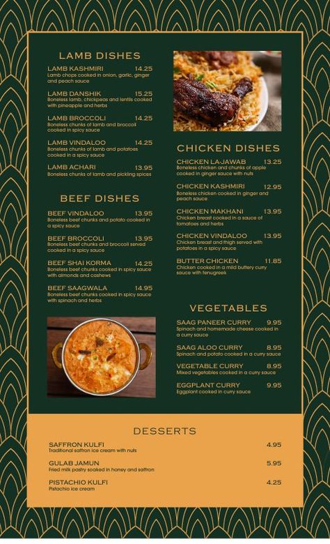 Upscale Indian Cuisine Menu Design Template by MustHaveMenus South Indian Food Menu Design, South Indian Menu Card, Indian Restaurant Menu Design, Aesthetic Menu Design, Indian Menu Design, Tasting Menu Design, Indian Food Menu, Thai Food Menu, Fine Dining Menu