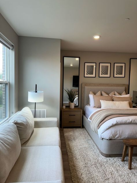 Hennington Queen Upholstered Bed curated on LTK Bedroom And Lounge In One Room, Small Master Remodel, Modern Gray Bedroom Ideas, Room Inspo For Couples, Small Couples Bedroom Ideas, Boyfriend And Girlfriend Bedroom Ideas, Tan Comforter Bedroom Ideas, Bedroom Ideas With Black Bed Frame, Townhome Decorating Townhouse Ideas