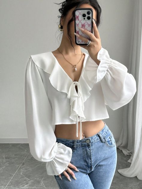 Women's Solid Color Ruffle Trim French Blouse, Autumn White Casual  Extra-Long Sleeve Woven Fabric Plain Top Non-Stretch  Women Clothing, size features are:Bust: ,Length: ,Sleeve Length: White Shirt Puffy Sleeves, Shein White Blouse, French Blouse, Ruffle Hem Blouse, Waxed Eyebrows, Bow Shorts, Hem Blouse, Extra Long Sleeves, Plain Tops