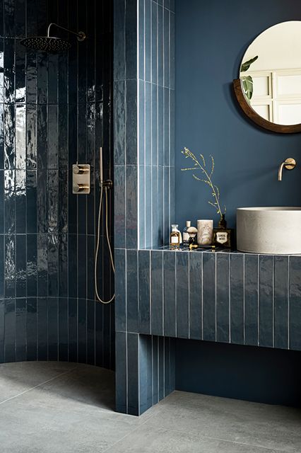 Series - Douglas & Jones Bad Inspiration, Bathroom Design Inspiration, Downstairs Bathroom, Bathroom Inspiration Decor, Bad Design, Tile Flooring, Blue Bathroom, Bathroom Renos, The Shower