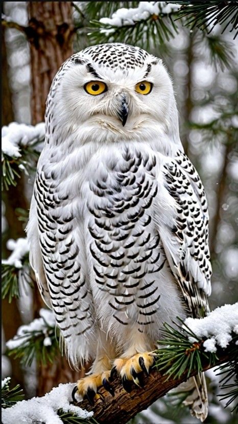 A majestic snowy owl with piercing yellow eyes perched gracefully on a snow-covered pine tree branch in a tranquil winter forest, close-up shot capturing intricate details of its snowy feathers, gentle snowfall softly descending in the background, sharp focus revealing every feather in high definition clarity.