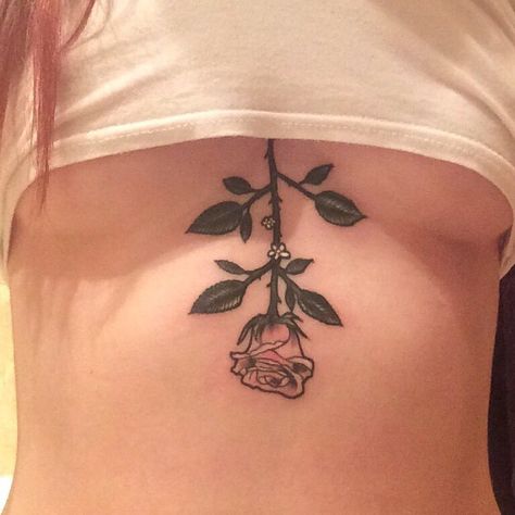 Upside down pink rose. My favourite tattoo Upside Down Flowers Tattoo, Rose Sternum Tattoo Women, Rose In Middle Of Chest Tattoo, Rose Tattoo Between Breast, Upside Down Rose Tattoo Sternum, Upside Down Rose Tattoo, Stomach Rose Tattoo, Dead Rose Tattoo, Knuckle Tattoos