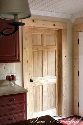 Cottage Trim Ideas, Cottage Door Trim, Slider Door Trim, Pine Window Trim Interiors, Natural Pine Trim, Farmhouse Style Doors, Rustic Baseboards And Trim, Pine Trim And Baseboards, Pine Baseboards And Trim