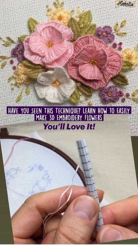 Have You Seen This Technique? Learn How to Easily Make 3D Embroidery Flowers – You’ll Love It! Embroidery Flowers For Beginners, 3d Embroidery Flowers, Flowers For Beginners, Simple Hand Embroidery Patterns, Embroidery Lessons, Textile Art Embroidery, New Embroidery, Diy Embroidery Designs, Bead Embroidery Tutorial