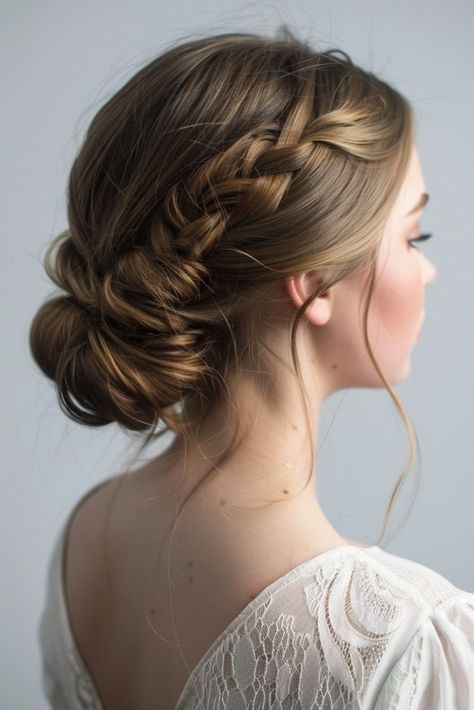 Low Bun With Side Braid, High Class Hairstyle, Bridal Hair Low Bun Braid, Wedding Classic Hairstyles, Low Bun With Braid Hairstyles, Wedding Bun With Braid, Royal Princess Hairstyles Aesthetic, Low Bridesmaid Bun, Low Bun Dance Recital Hair