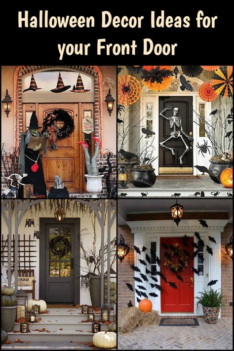 Halloween Planters Front Doors, Halloween Entry Door Decor, Front House Halloween Decor, Apartment Door Decor Entrance Halloween, Holloween Decore Idea For Front Door, Witch Theme Halloween Decor Front Porch, Halloween Door Ideas For Home, Elegant Halloween Decor Front Porch, Front Door Halloween Decor Ideas