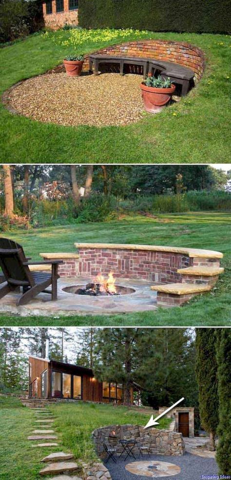 Sloped Backyard Landscaping, Landscaping On A Hill, Garden Seating Area, Sloped Yard, Sloped Backyard, Fire Pit Seating, Garden On A Hill, Sloped Garden, Backyard Fire