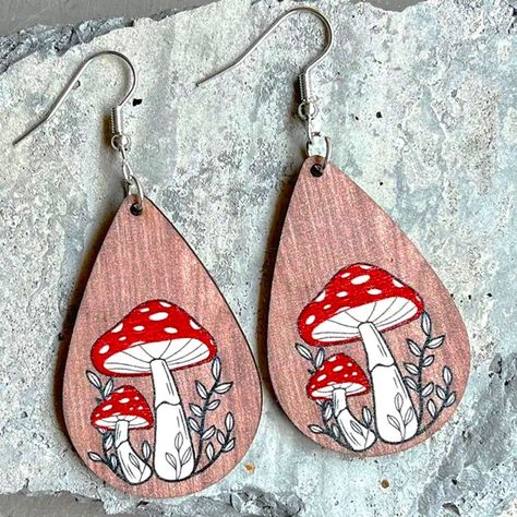 Groovy Mushroom Wood Earrings Dangle Tear Drop Retro Hippie Boho Gift Brand New In Original Package No Tags Attached Wooden Dangle Drop Earrings Cute Mushrooms With Plant Leafy Vines Great For Home Office Work Or School Christmas Holiday Party Stocking Stuffer Gift ***Check Out My Other Great Items*** Bundle & Save $$ On Shipping Turkey Mushroom, Groovy Mushroom, Wood Jewelry Diy, Mushroom Jewelry, Engraved Earrings, Turquoise Western, Laser Cut Earrings, Hand Painted Earrings, Wood Christmas Ornaments