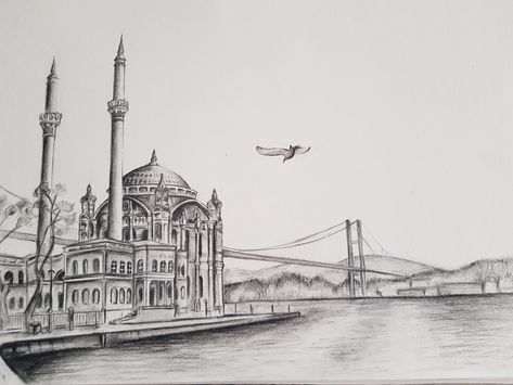 Istanbul, Turkey, bosphorus bridge, mosque, drawing Turkish Drawing, Turkey Bosphorus, Architecture Mosque, Mosque Drawing, Istanbul Mosque, Architecture Geometry, Turkey Drawing, Bridge Drawing, Bridge Architecture