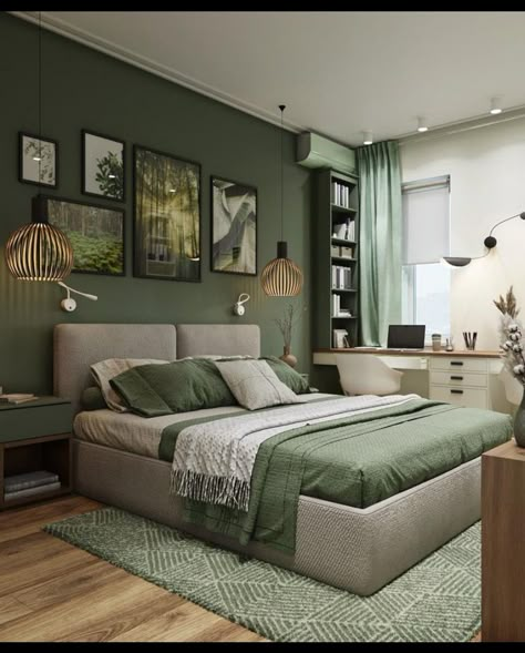 Beige And Forest Green Bed, Green Bedroom Beds & Frames, Master Green Bedroom Ideas, Color Drenching Bedroom, Deep Green Bedrooms Beds & Frames, Dark Green Bedroom Beds & Bed Frames, Scandinavian Style Bedroom, Green And White Bedroom, Sage Bedroom