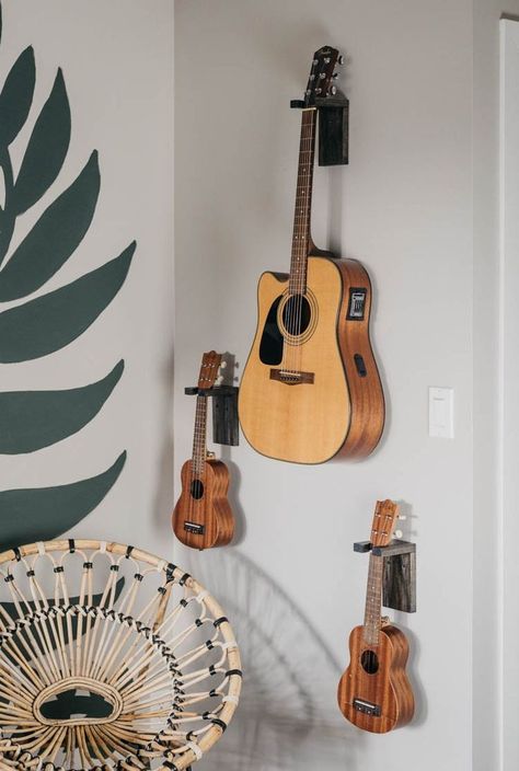 Guitar Area In Bedroom, Guitar Area In House, Hanging Guitars On Wall Ideas, Hang Guitar On Wall, Guitar Hanging Ideas, Guitar Holder Wall, Guitar Wall Holder, Hanging Guitars, Guitar Setup