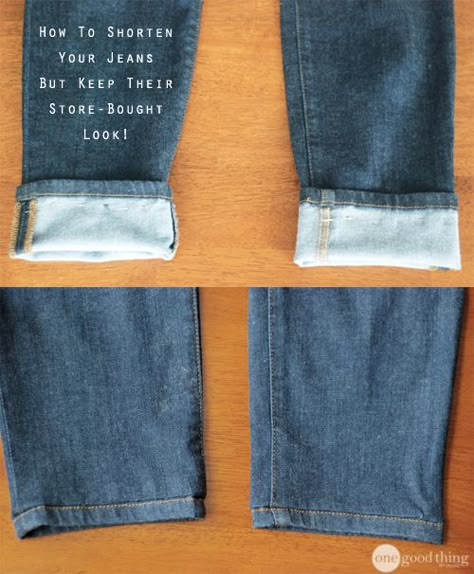 This awesome hemming trick allows you to shorten yours jeans and KEEP their original hem. It’s crazy clever! Shorten Jeans, Turn Up Jeans, Hemming Jeans, Jeans Tutorial, Jeans Sewing, One Good Thing By Jillee, Original Hem, Diy Jeans, Hem Pants