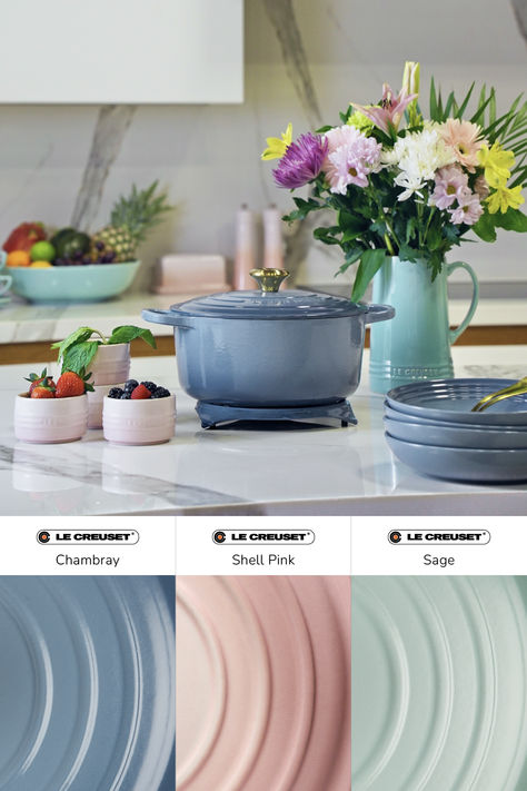 Reflecting the colours of the first spring buds and classic Easter palette, this colour combination is a timeless Spring favourite that brings joy to morning brunches and countertop décor. Le Creuset Shell Pink, Le Creuset Chambray, Le Creuset Colors Combinations, Le Creuset Aesthetic, Easter Palette, Le Creuset Colors, Photography Reference, Kitchen Photography, Kitchen 2024