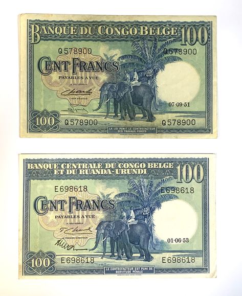 Congo - Belge Lot de deux billets de 100 Francs de la banque centrale du Congo Belge [...] | lot 214 | Numismatique V (Nice) chez Millon et Associés Paris 5 Cents, Indian Head, Bratislava, Grace Kelly, Elizabeth Ii, Architecture Art, Auction, Paris, History