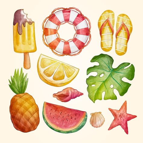 Free vector watercolor summer elements c... | Free Vector #Freepik #freevector #summer-collection #summer-watercolor #summer-elements #summer-season Essen, Summer Elements, Summer Drawings, Summer Journal, Cookies Theme, Watercolor Clip Art, Summer Clipart, Summer Illustration, Painted Bags