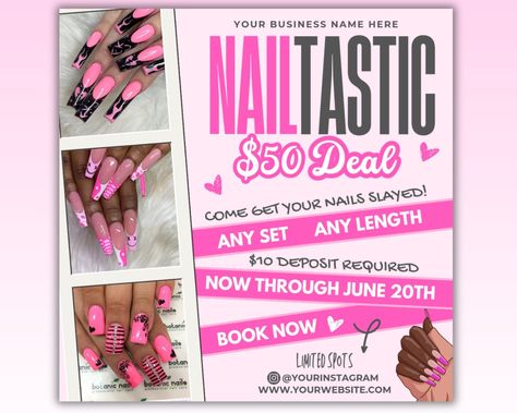 Nail Deal Flyer, Nail Special Flyer, Nail Tech Sale Flyer, Nail Flash Sale Flyer, Nail Booking Flyer, Nail Promotion Flyer, Nail Promo Template Nail Appointments Book Now DIY Canva Social Media Template  Edit the template with the free graphic design tool, Canva and you can create a beautiful, eye catching design to promote your business in just minutes.  WHAT IS INCLUDED * Canva  template for smartphone in size : 1080x1080 px. * Instant download. After purchase, you will receive an email with a Nail Deals Flyer, Nail Tech Deals, Nail Promotion Poster, Nail Discount Ideas, Nail Sale Flyer, Nail Tech Flyer Ideas, Nail Promotions Ideas, Nail Flyer Ideas, Nail Special Flyer