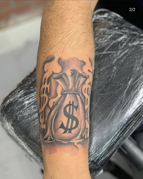 Tattoo Money, Money Bag Tattoo, Bag Tattoo, Arm Tattoos Black, Tattoo Font For Men, Sleeve Tattoos For Guys, Half Sleeve Tattoos Forearm, Half Sleeve Tattoos, Gangsta Tattoos