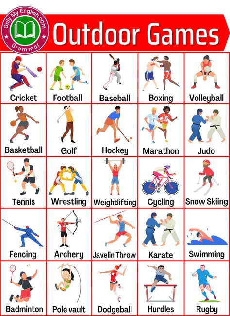 List of Outdoor Games Name with Picture » OnlyMyEnglish Out Door Games For Kids, Outdoor Games For Kids At School, English Vocabulary List, General Knowledge For Kids, Game Name, Outdoor Game, Outdoor Games For Kids, General Knowledge Book, Good Vocabulary Words