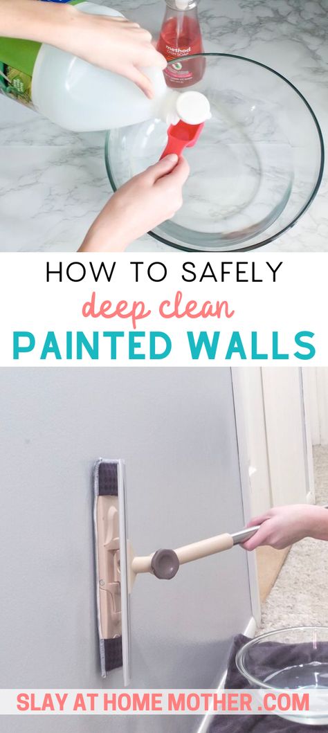 Best Way To Clean Walls, Diy Wall Cleaner Solution, Wall Cleaner Recipe, Baseboard Cleaner, Clean Walls, Cleaning Baseboards, Deep Cleaning Hacks, Cleaning Painted Walls, Washing Walls