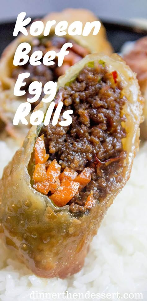 Korean Egg Roll {Ground Beef Egg Roll} - Dinner, then Dessert Ground Beef Egg Rolls, Beef Egg Rolls, Korean Egg, Korean Ground Beef, Homemade Egg Rolls, Korean Recipe, Dinner Then Dessert, Polynesian Food, Egg Roll Recipes