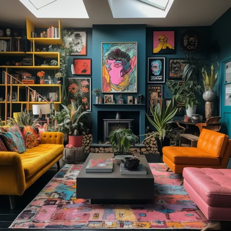 Maximalist Interior Design Inspiration Interior inspo, Colourful, Maximalist, Interior Design Inspiration Innovative Living Room Ideas, Interior Design Maximalist Living Room, Dark Wall Aesthetic, Maximalist Office Space, Organized Maximalist, Cozy Maximalist Living Room, Maximalist Decor Living Room, Living Room Maximalist, Edgy Interior Design