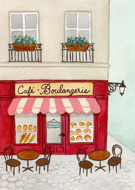 French bakery watercolor illustration by Victoria Scobbie Cafe Cartoon, Cafe Painting, Cafe In Paris, Paris Drawing, Paris Illustration, Japanese Watercolor, Scene Drawing, French Bakery, French Cafe