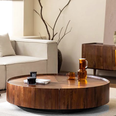 Loon Peak® Frutoso Mid-Century Modern Block Coffee Table, Round Walnut Wood Grain Pattern Living Room Table | Wayfair Centre Table Living Room, Modern Wood Coffee Table, Center Table Living Room, Simple Side Tables, Round Coffee Table Modern, Nordic Kitchen, Walnut Coffee Table, Simple Living Room, Solid Wood Coffee Table