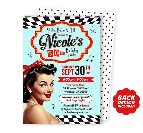 50s Party Invitations, Yearbook Idea, Art Birthday Invitations, Pin Up Party, 50s Sock Hop, Sock Hop Party, Rockabilly Party, 50s Party, Sock Hop